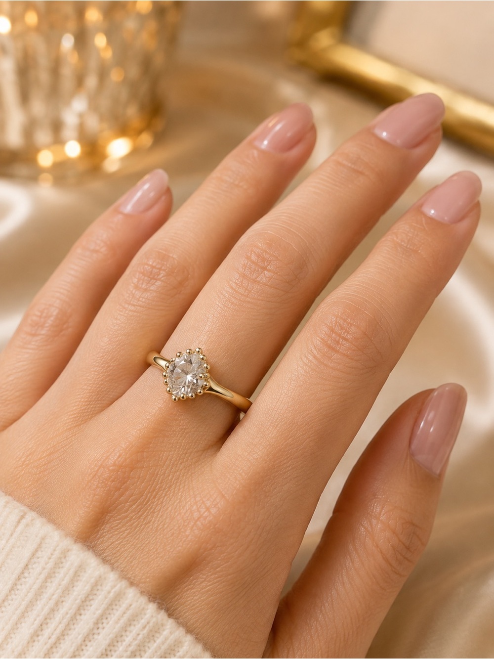 Gold Tone Solitaire Halo Ring with Clear Center Stone